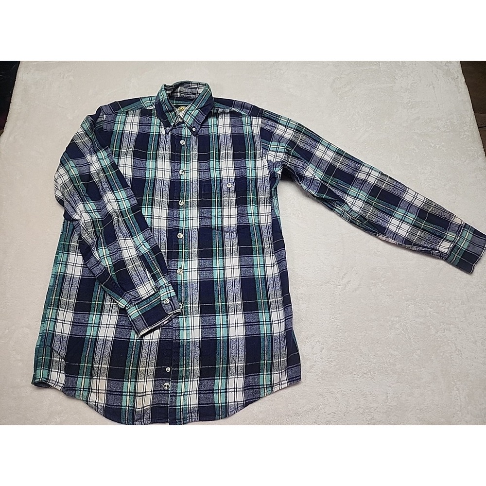 Cabelas Medium Flannel Outdoor Shirt Blue Gray Plaid Button Down Med Tall